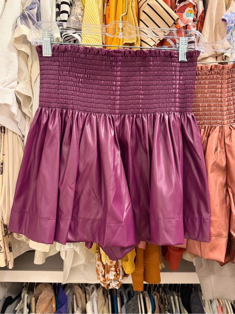 QUEEN OF SPARKLES Plum Smocked Faux Leather Mini Swing Skort NWOT
